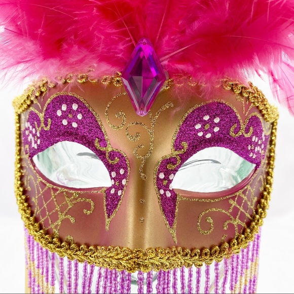 Masquerade Ball Mask Feather Bead Fringe Pink Gold - Picture 2 of 6